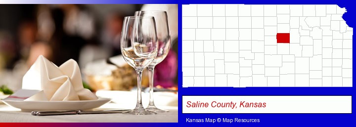a restaurant table place setting; Saline County, Kansas highlighted in red on a map