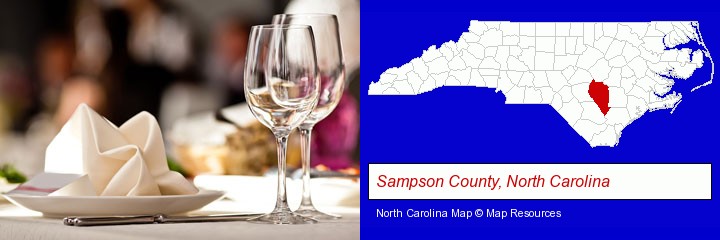 a restaurant table place setting; Sampson County, North Carolina highlighted in red on a map