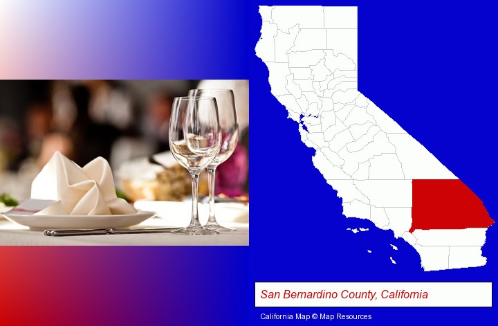a restaurant table place setting; San Bernardino County, California highlighted in red on a map