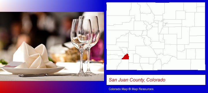 a restaurant table place setting; San Juan County, Colorado highlighted in red on a map
