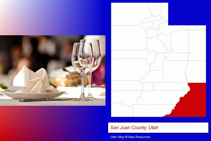 a restaurant table place setting; San Juan County, Utah highlighted in red on a map