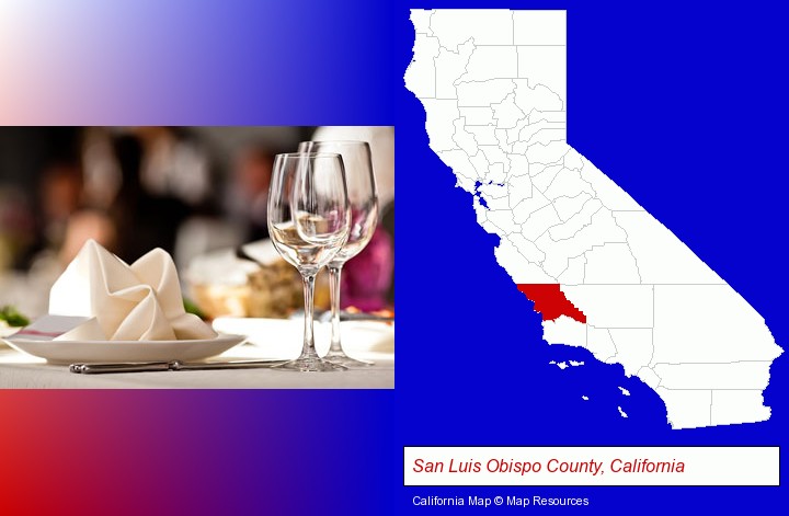 a restaurant table place setting; San Luis Obispo County, California highlighted in red on a map
