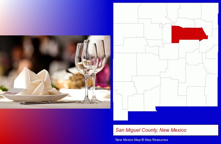 a restaurant table place setting; San Miguel County, New Mexico highlighted in red on a map