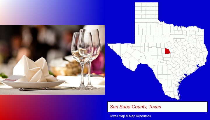 a restaurant table place setting; San Saba County, Texas highlighted in red on a map