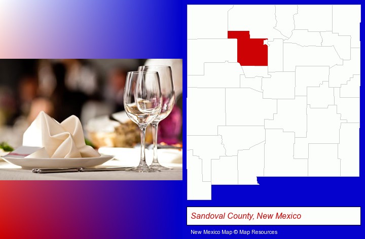 a restaurant table place setting; Sandoval County, New Mexico highlighted in red on a map