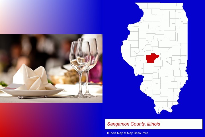 a restaurant table place setting; Sangamon County, Illinois highlighted in red on a map