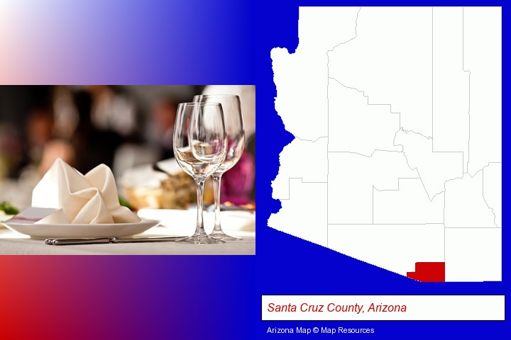 a restaurant table place setting; Santa Cruz County, Arizona highlighted in red on a map