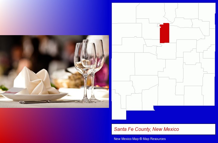 a restaurant table place setting; Santa Fe County, New Mexico highlighted in red on a map