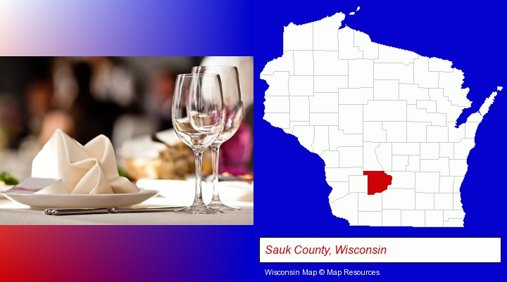 a restaurant table place setting; Sauk County, Wisconsin highlighted in red on a map