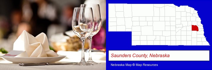 a restaurant table place setting; Saunders County, Nebraska highlighted in red on a map