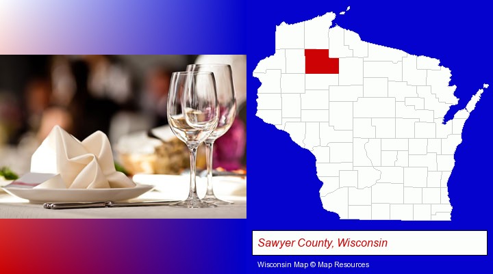 a restaurant table place setting; Sawyer County, Wisconsin highlighted in red on a map