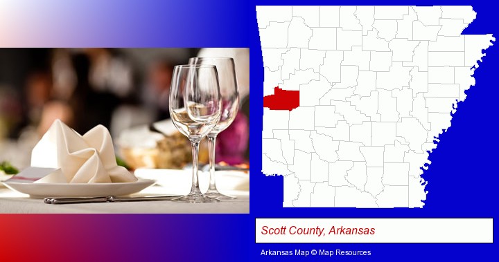 a restaurant table place setting; Scott County, Arkansas highlighted in red on a map