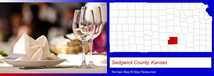 a restaurant table place setting; Sedgwick County, Kansas highlighted in red on a map