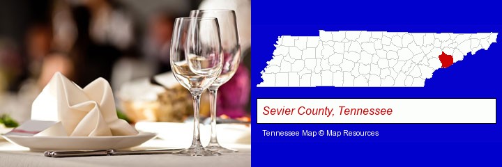 a restaurant table place setting; Sevier County, Tennessee highlighted in red on a map