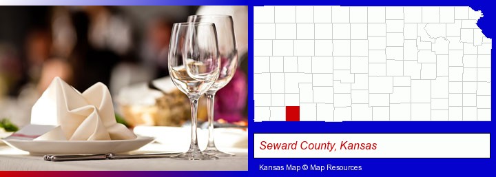 a restaurant table place setting; Seward County, Kansas highlighted in red on a map