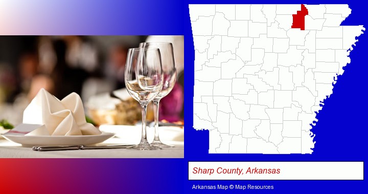 a restaurant table place setting; Sharp County, Arkansas highlighted in red on a map