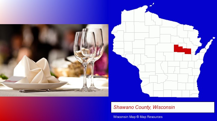 a restaurant table place setting; Shawano County, Wisconsin highlighted in red on a map