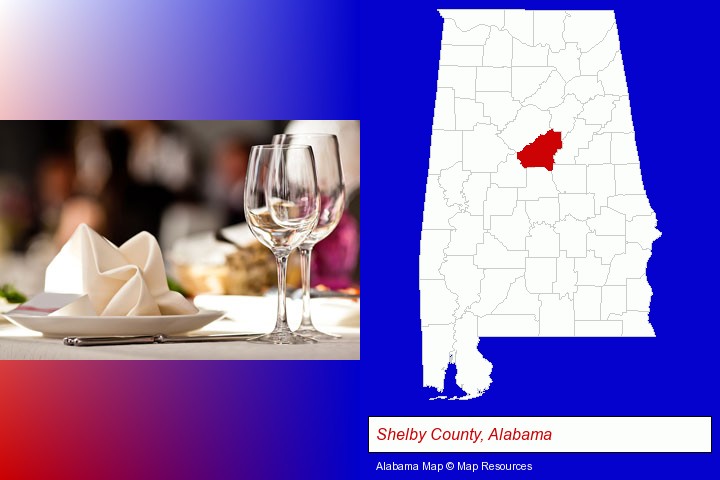 a restaurant table place setting; Shelby County, Alabama highlighted in red on a map
