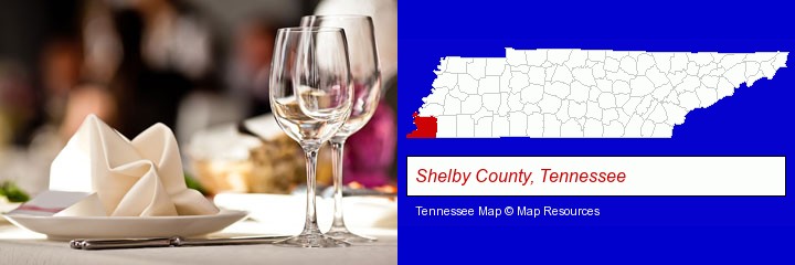 a restaurant table place setting; Shelby County, Tennessee highlighted in red on a map