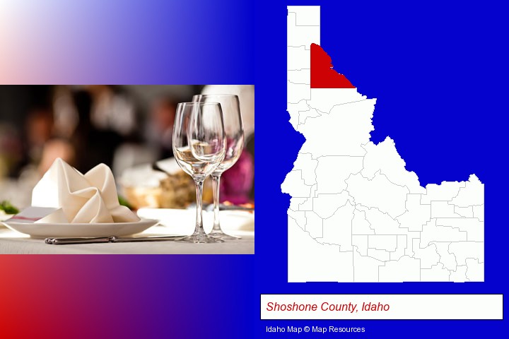 a restaurant table place setting; Shoshone County, Idaho highlighted in red on a map