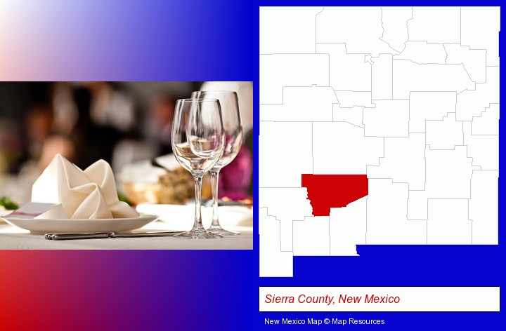 a restaurant table place setting; Sierra County, New Mexico highlighted in red on a map