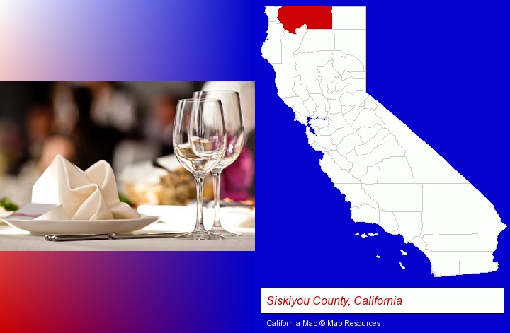 a restaurant table place setting; Siskiyou County, California highlighted in red on a map