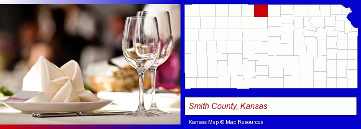 a restaurant table place setting; Smith County, Kansas highlighted in red on a map