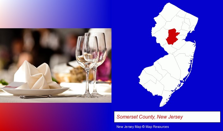 a restaurant table place setting; Somerset County, New Jersey highlighted in red on a map
