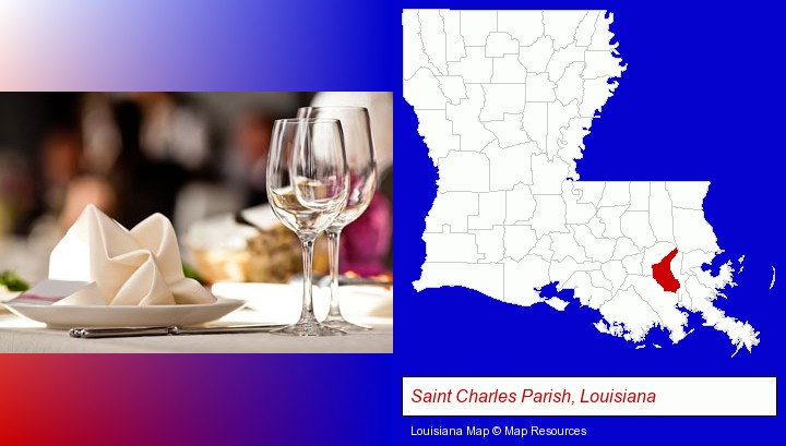 a restaurant table place setting; Saint Charles Parish, Louisiana highlighted in red on a map