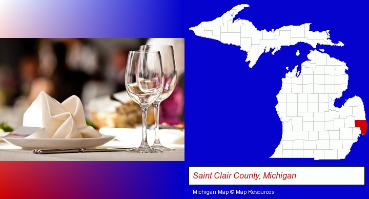 a restaurant table place setting; Saint Clair County, Michigan highlighted in red on a map