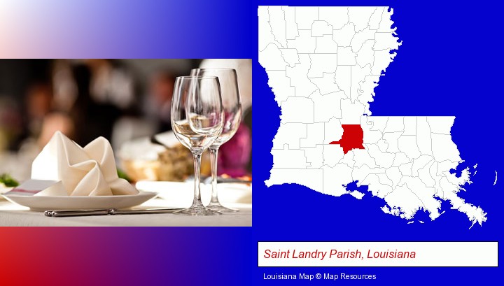 a restaurant table place setting; Saint Landry Parish, Louisiana highlighted in red on a map