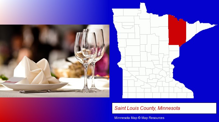 a restaurant table place setting; Saint Louis County, Minnesota highlighted in red on a map