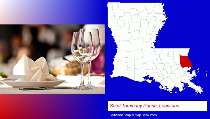 a restaurant table place setting; Saint Tammany Parish, Louisiana highlighted in red on a map
