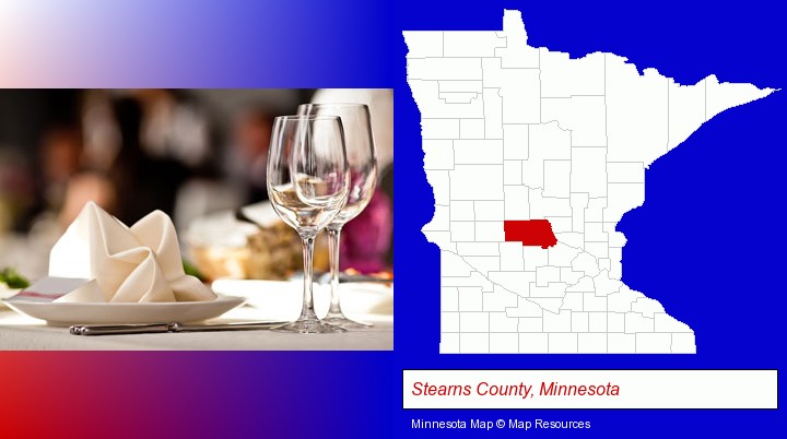 a restaurant table place setting; Stearns County, Minnesota highlighted in red on a map