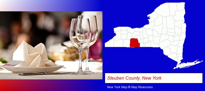 a restaurant table place setting; Steuben County, New York highlighted in red on a map