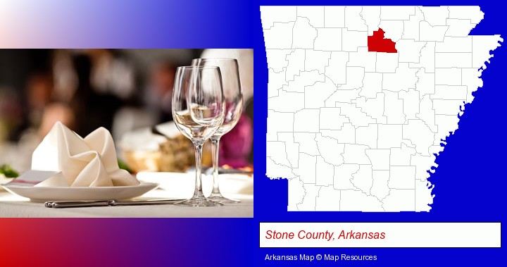 a restaurant table place setting; Stone County, Arkansas highlighted in red on a map