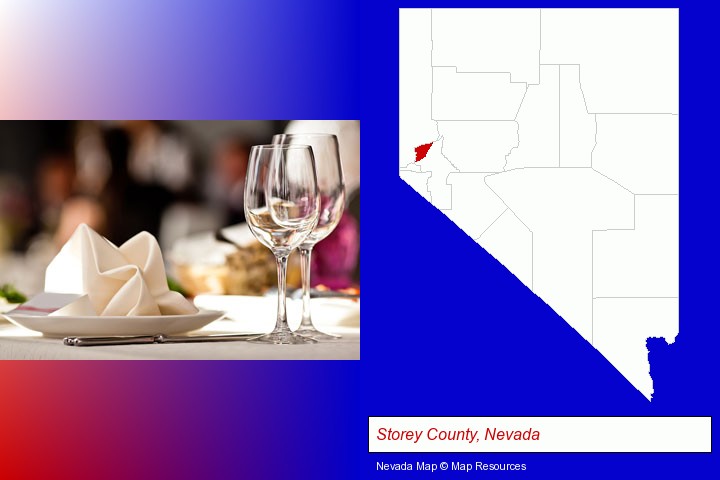 a restaurant table place setting; Storey County, Nevada highlighted in red on a map