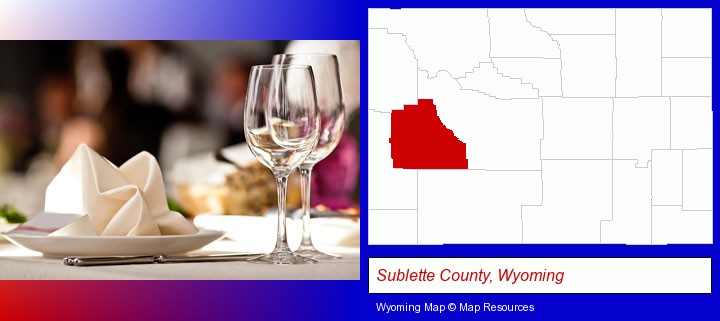 a restaurant table place setting; Sublette County, Wyoming highlighted in red on a map