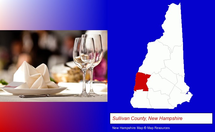 a restaurant table place setting; Sullivan County, New Hampshire highlighted in red on a map