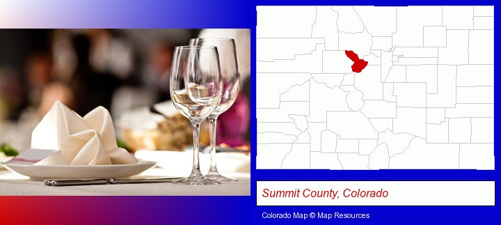 a restaurant table place setting; Summit County, Colorado highlighted in red on a map