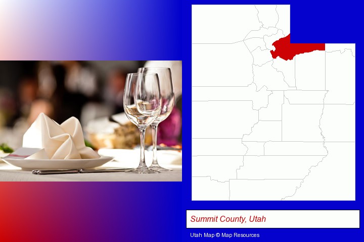 a restaurant table place setting; Summit County, Utah highlighted in red on a map