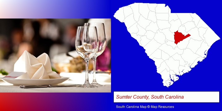 a restaurant table place setting; Sumter County, South Carolina highlighted in red on a map