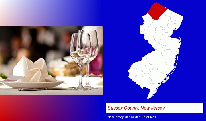 a restaurant table place setting; Sussex County, New Jersey highlighted in red on a map