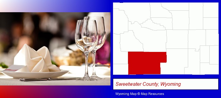 a restaurant table place setting; Sweetwater County, Wyoming highlighted in red on a map