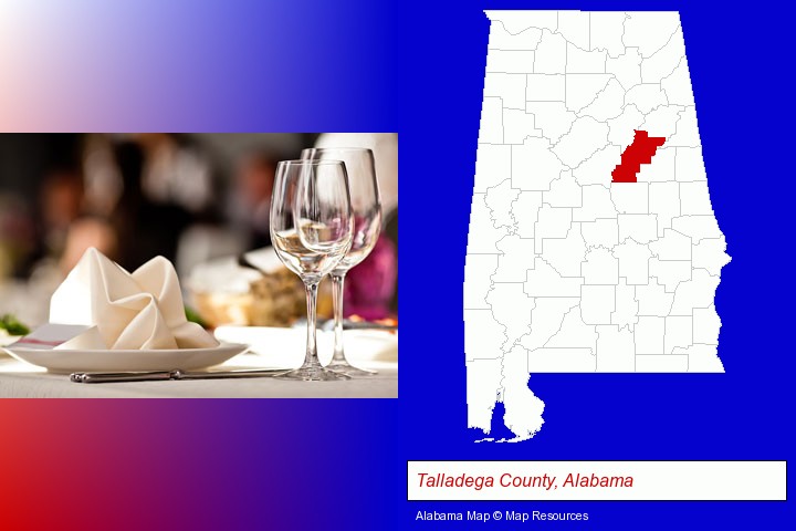 a restaurant table place setting; Talladega County, Alabama highlighted in red on a map