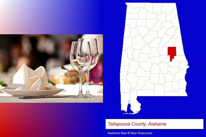 a restaurant table place setting; Tallapoosa County, Alabama highlighted in red on a map