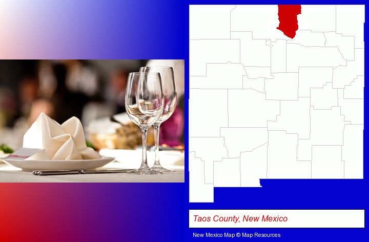 a restaurant table place setting; Taos County, New Mexico highlighted in red on a map