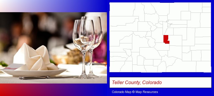 a restaurant table place setting; Teller County, Colorado highlighted in red on a map