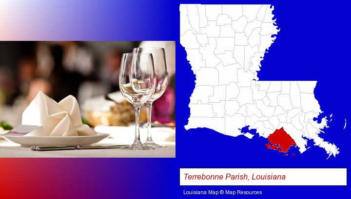 a restaurant table place setting; Terrebonne Parish, Louisiana highlighted in red on a map