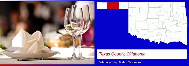 a restaurant table place setting; Texas County, Oklahoma highlighted in red on a map